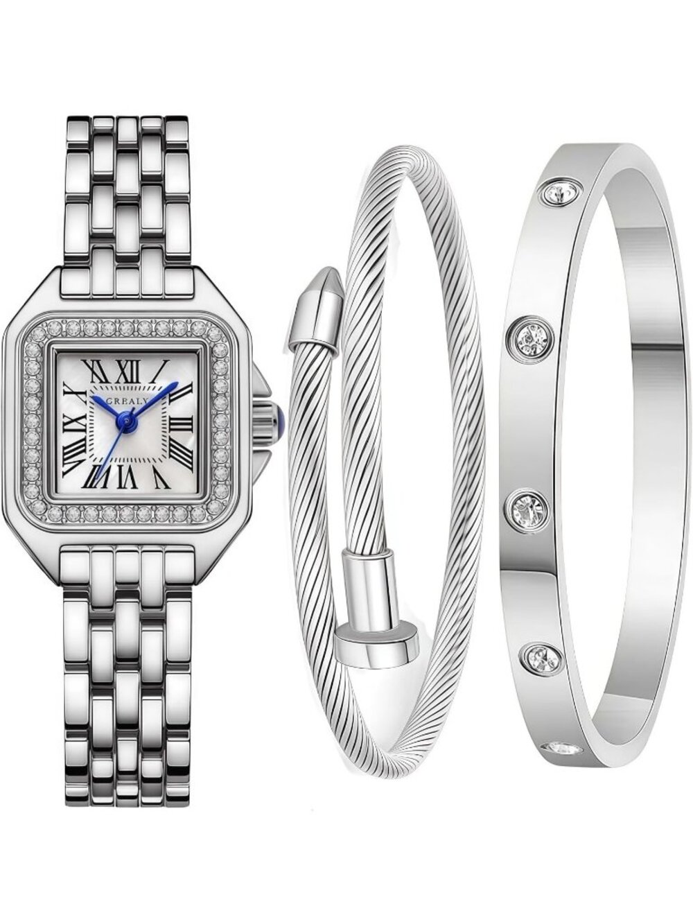 Women's Silver 2 Bracelets Set Roman Dial Bangle Stainless Steel Wrist Watch